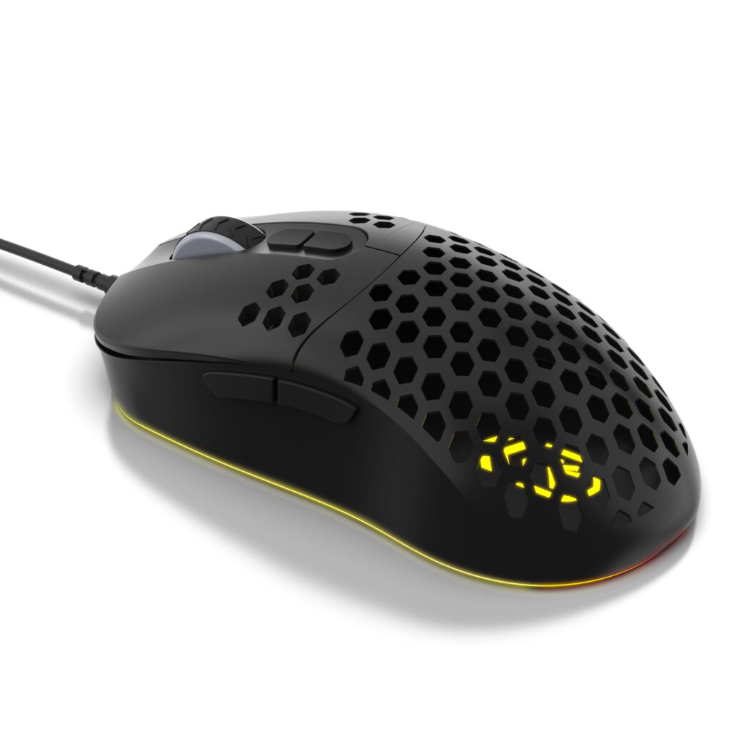 Mouse Tech Fury da GShield, com led amarelo e superficie vazada para ajudar na ventilação