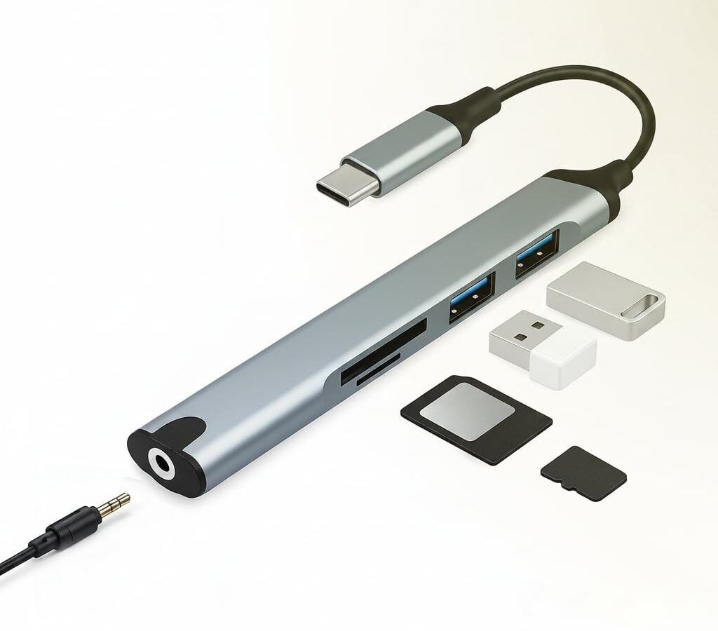 Adaptador USB-C 6 em 1: hub multifuncional com USB 3.0, leitor SD e saída P2